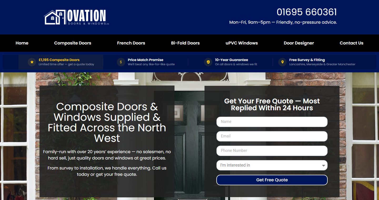 Ovation Doors & Windows website on desktop